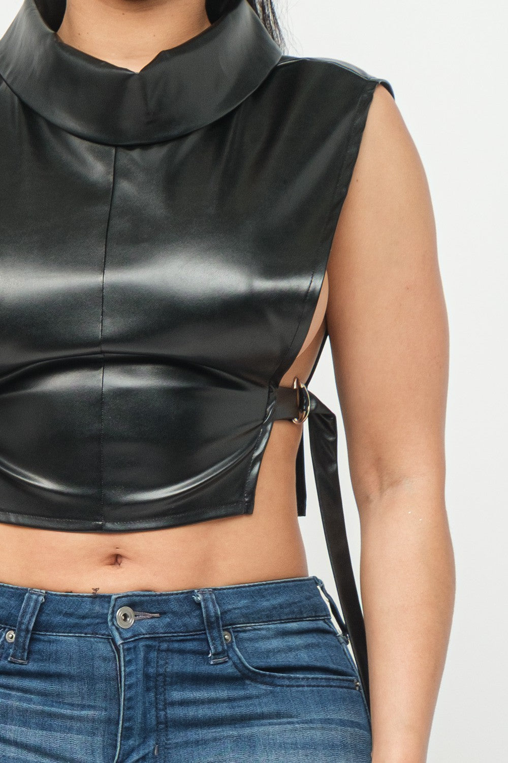 Faux-Leather Cropped Turtleneck - Silver