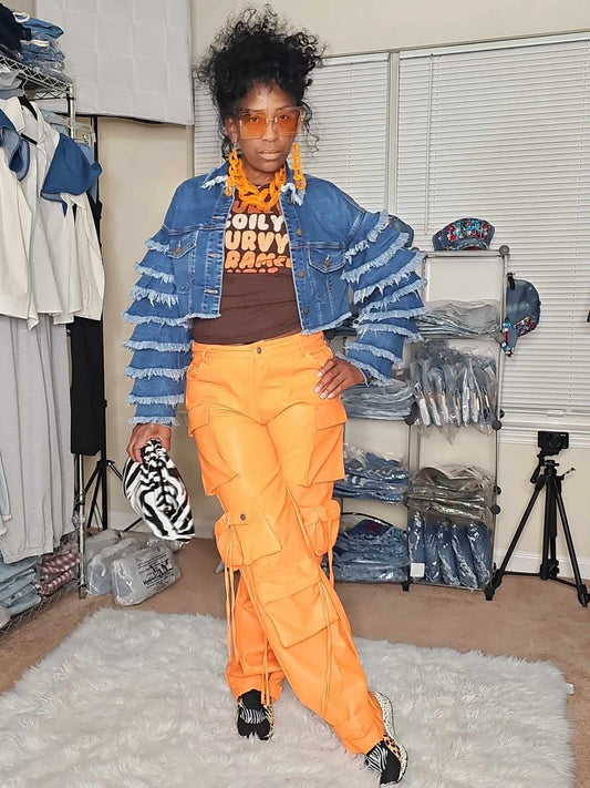 Orange Faux-Leather Cargo Pants