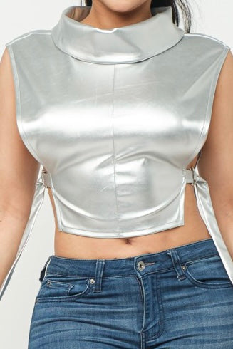 Faux-Leather Cropped Turtleneck - Silver