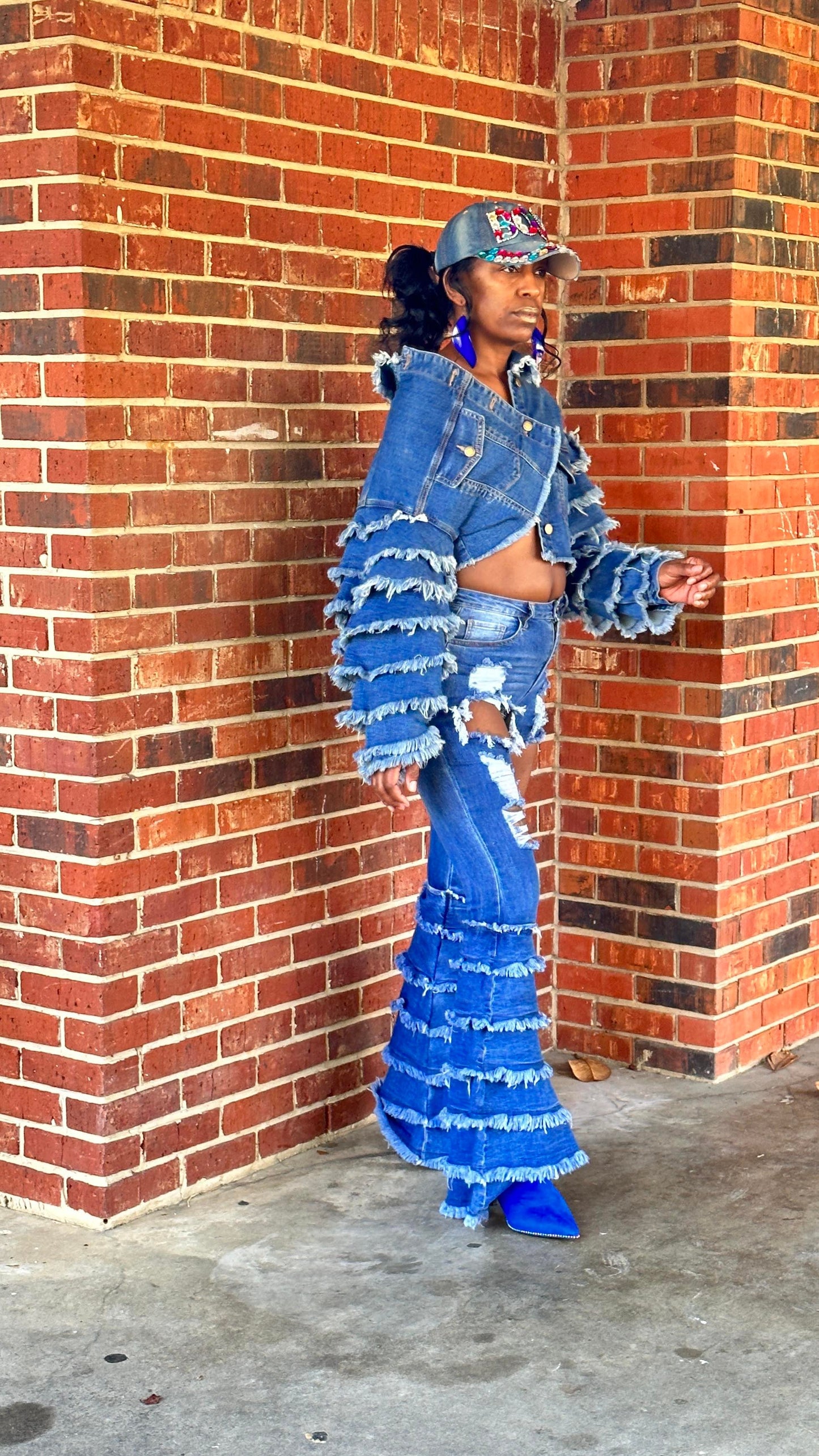 "The Rich Auntie" Cropped and Tiered Denim Jacket