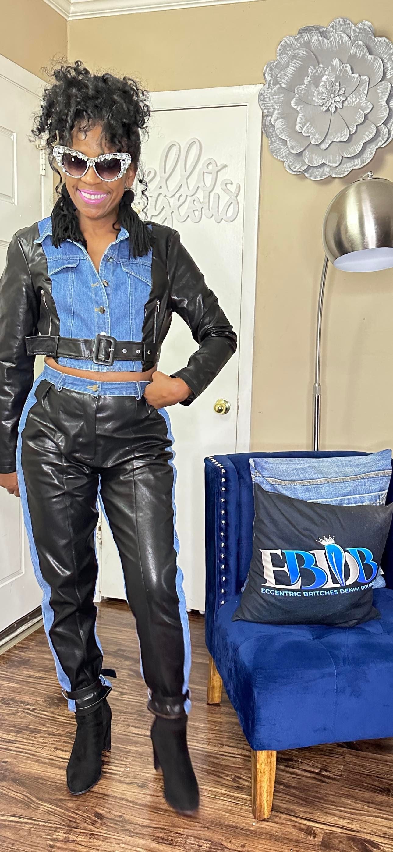 "Mixed Emotions" Denim and Leather Two-Piece Set