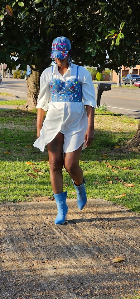 "Dropping Jewels" Denim Bustier with Colorful Rhinestones