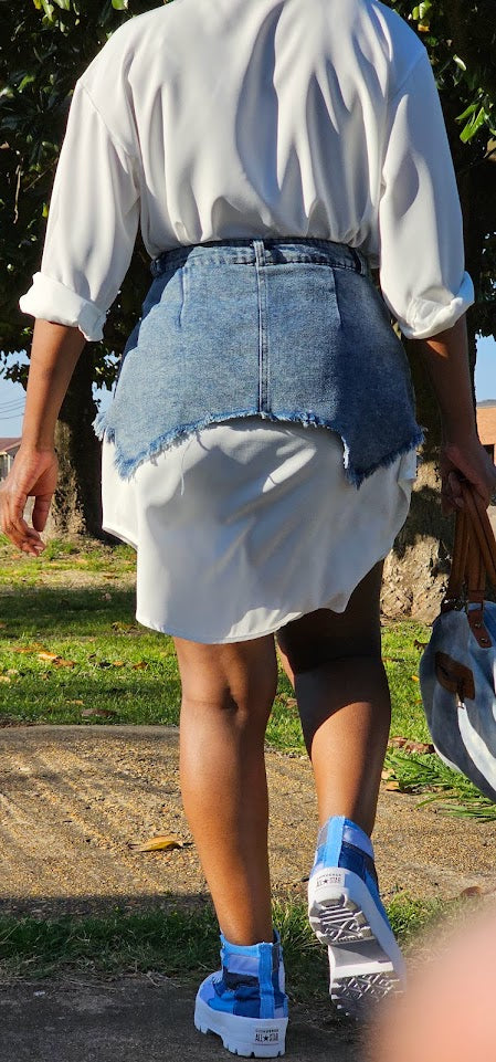 "Over the Top" Long Shirt with Denim Skirt