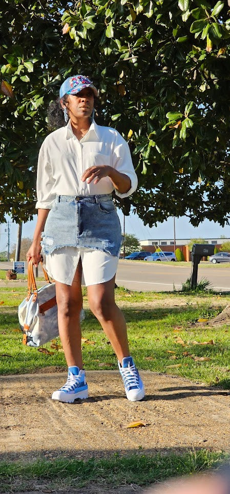 "Over the Top" Long Shirt with Denim Skirt
